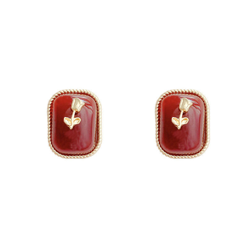 Vintage Simple Enamel Irregular Luxury Earrings Red Love Heart Baroque Flower Rose Stud Earrings for Women