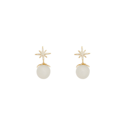 Female Simple Luxury Zircon Eight Awn Star Earrings Opal Round Bead Earrings