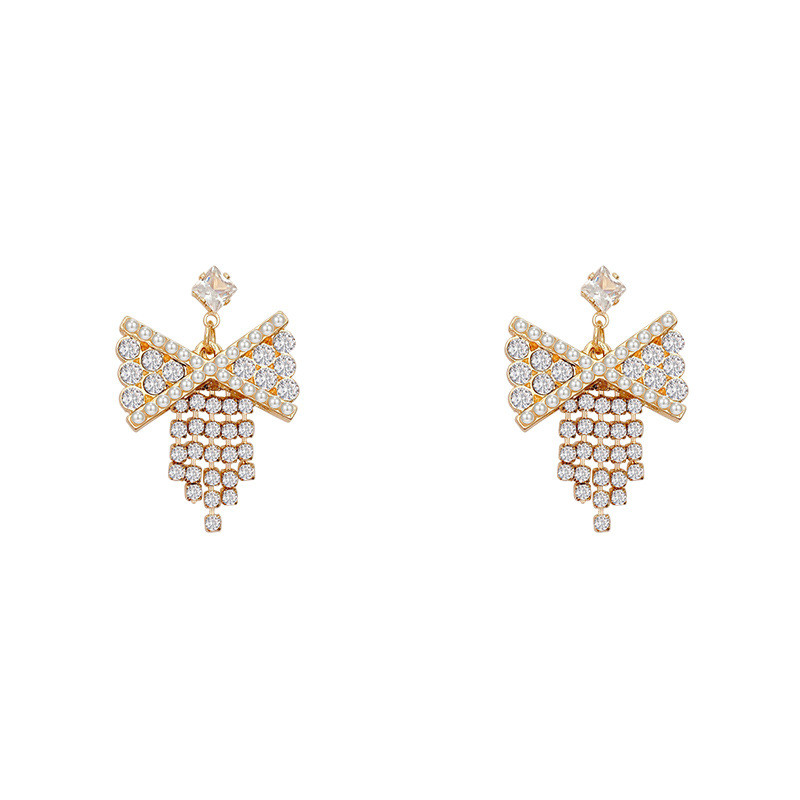 Fashion Diamond Zircon Pearl Bow Tassel Earrings for Women Personality Exaggerated Earrings 2022 Women's Jewelry