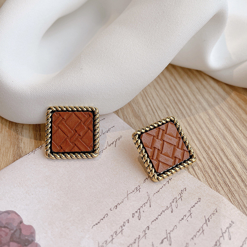 Vintage Houndstooth Texture Cloth And Square Leather Earrings Korean Fashion Simple Style Plaid Pattern Accessories