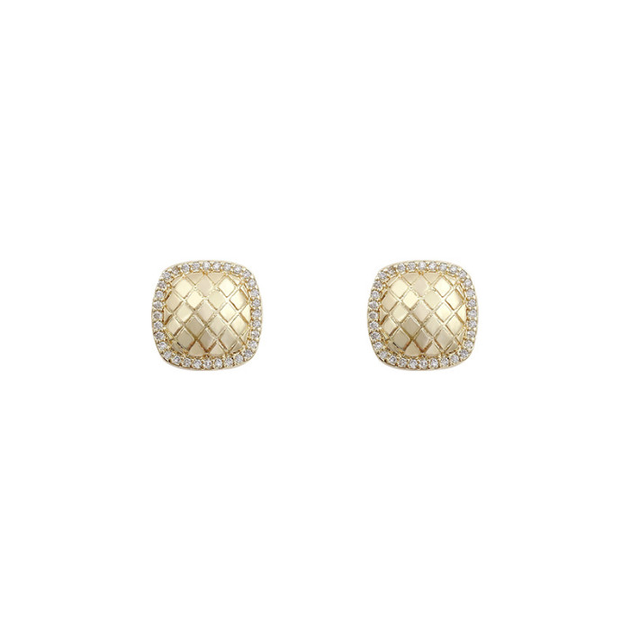 French Style Retro Gold Plaid Square Circle Heart Stud Earrings Women's Stylish Matte Gold Bohemia Earring