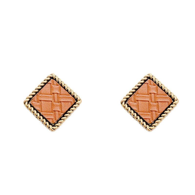 Vintage Houndstooth Texture Cloth And Square Leather Earrings Korean Fashion Simple Style Plaid Pattern Accessories