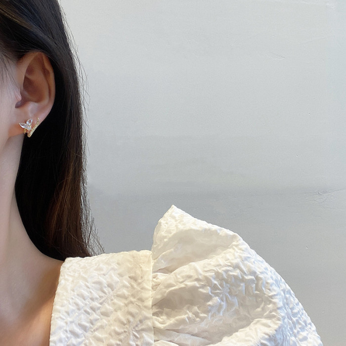 Korea Temperament Rhinestone Flowers Rear Hanging Wave Line Earrings Female New Wave Earrings