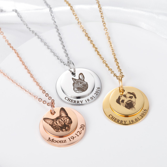 Stainless steel Pet Portrait Necklace Personalized Dog Mom Gift Custom Pet Memorial Engraved Necklace Pet Memorial Jewelry