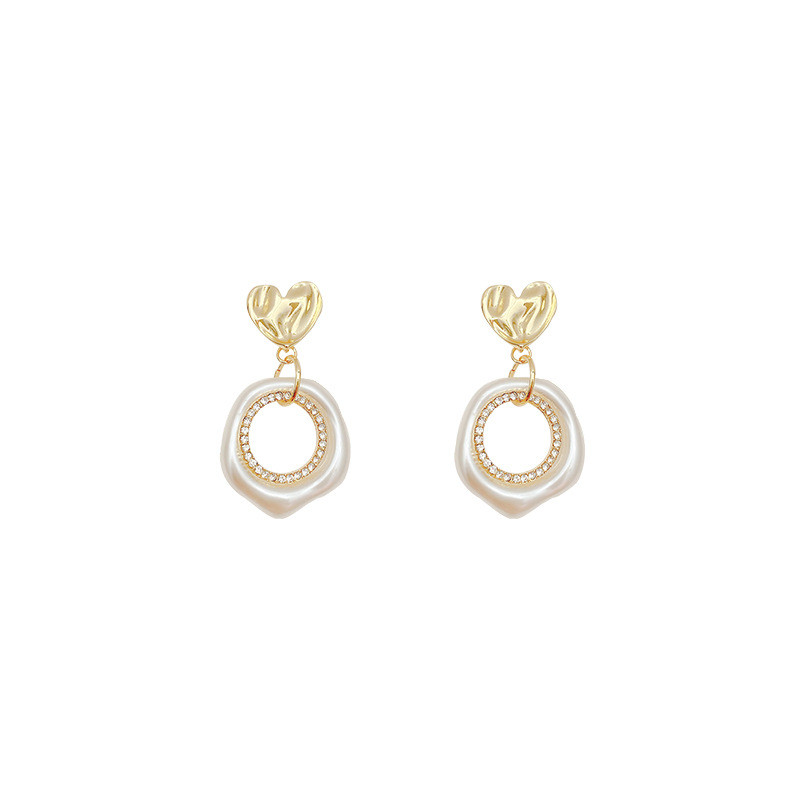 Korean Pearl Diamond Heart Hoop Earrings Geometric Circle Hollow Double Layer Women's Jewelry