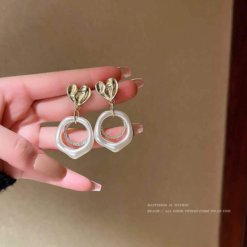 Korean Pearl Diamond Heart Hoop Earrings Geometric Circle Hollow Double Layer Women's Jewelry