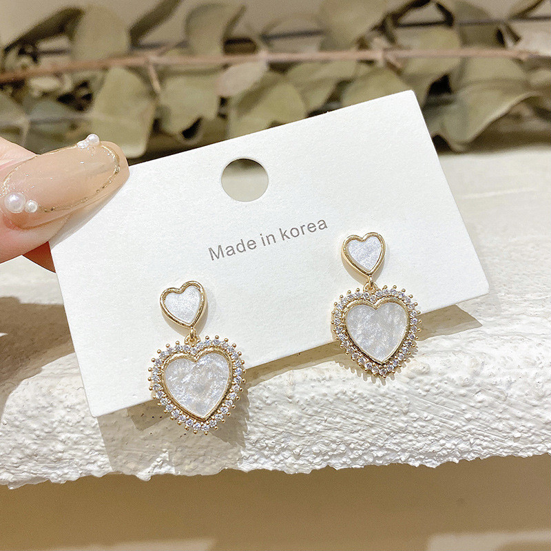 Cute Drop Earrings Lovely Style Metal alloy White Enamle Double Heart Short Dangle Earrings For Girl Student Gifts