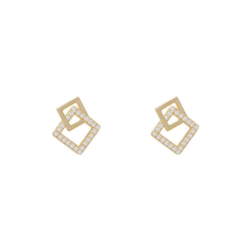 Fashion Women Color Gold Zircon Earrings Titanium Steel Hollow Double Square Crystal Earrings Jewelry