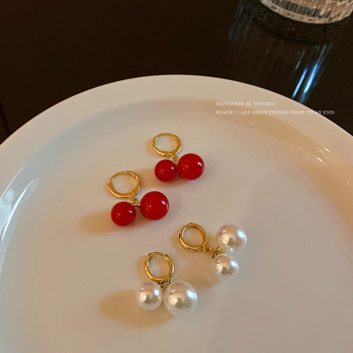 Korean Trendy Elegant Shiny Round White Red Champagne Pearl Hoop Drop Earrings Circle Ball Bead Pendant Dangle Women's Gift