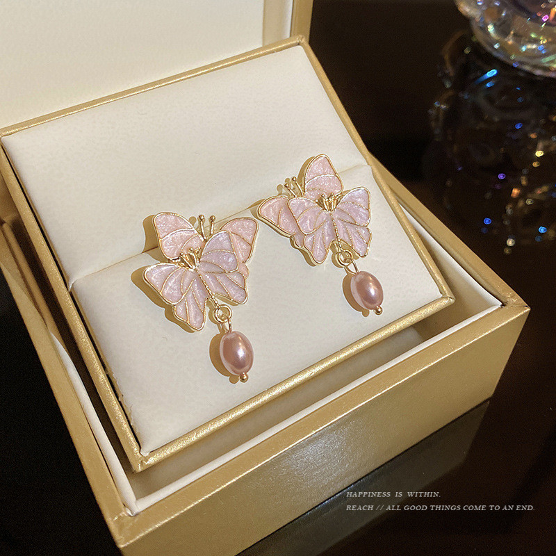 Korean Fashion Elegant Vintage Pink Butterfly Glaze Pearl Earrings for Women Girl Jewelry Gift