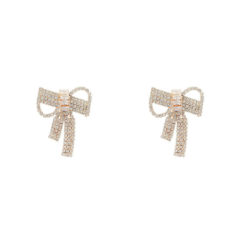 2022 Korea New Fashion Bow Long Stud Earring for Women Girls Cute Party Accessories Shiny Crystal Jewelry