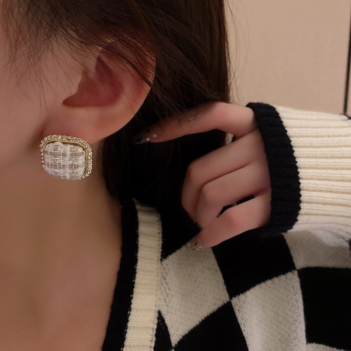 Elegant Plaid Fabric Round Square Geometric Earrings for Women Girls Cloth Jewelry Accessories Gift