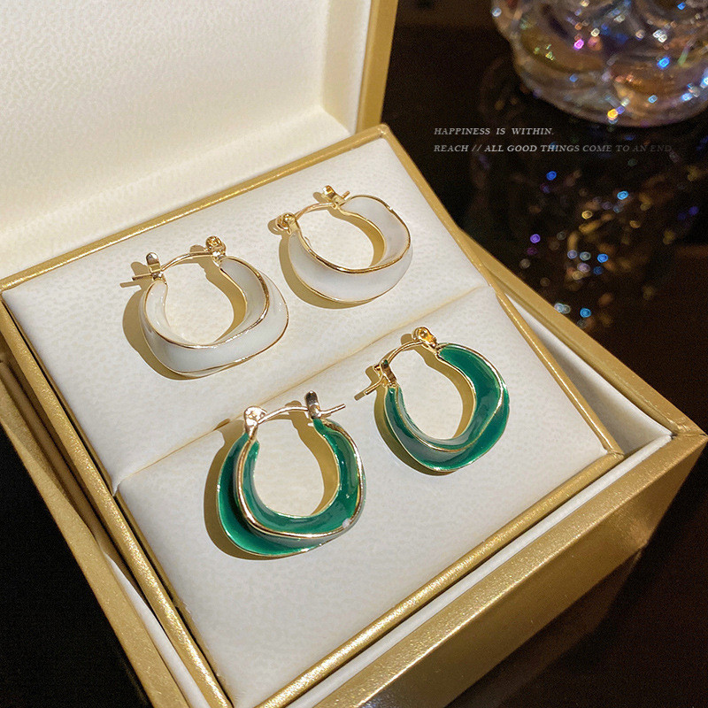 Vintage Irregular C Shape Circle Dripping Oil Metal Geometric Hoop Earrings White Green Color Enamel Earrings For Women