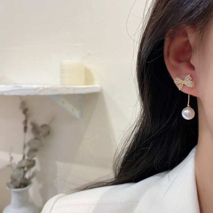 Flash Bow Pearl Stud Earrings Korean Temperament Zircon Back Hanging Stud Earrings Fashion Exquisite Shiny CZ
