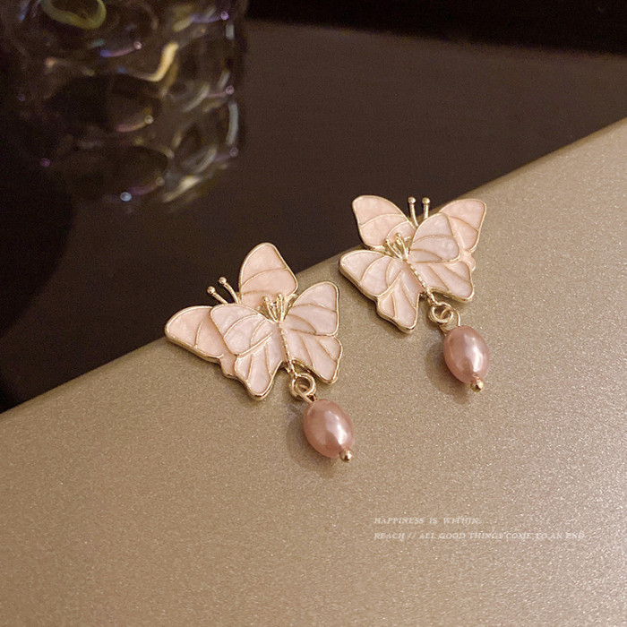 Korean Fashion Elegant Vintage Pink Butterfly Glaze Pearl Earrings for Women Girl Jewelry Gift