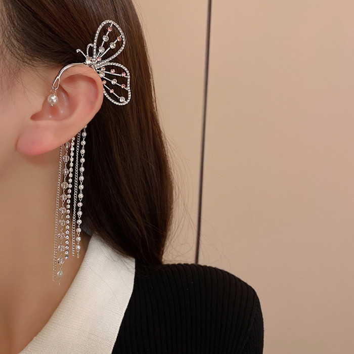 Arc Ear Hanging Clip For Women Girls Ear Clips Jewelry Elegant Butterfly Earring No Piercing Ear Cuff Rhinestone Tassel Earring
