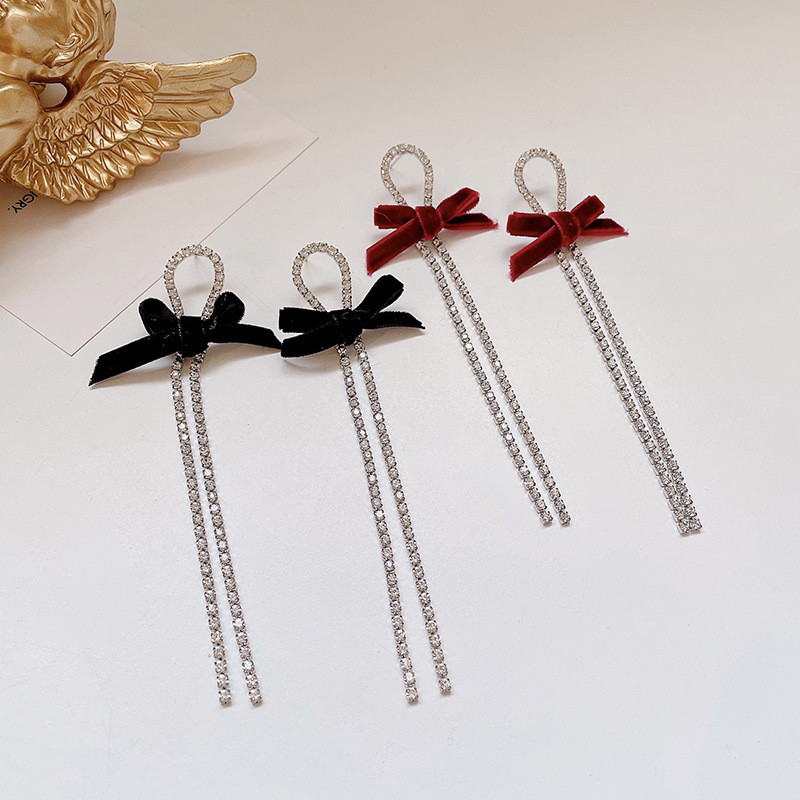 Black Velvet Bow Earrings Femininity South Korea Net Red Long Tassel Pendant Retro Earrings