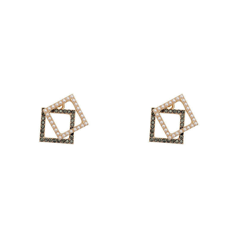 Square Pearl Women Stud Earrings Korean Fashion Small Earrings for Girls Simulated Pearl Hollow Double Rhombus