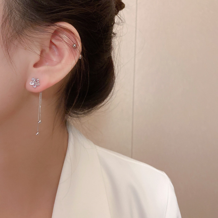 New High Grade Sense Zircon Flower Tassel Earrings South Korean Temperament Fashion Earrings Long Stud Women