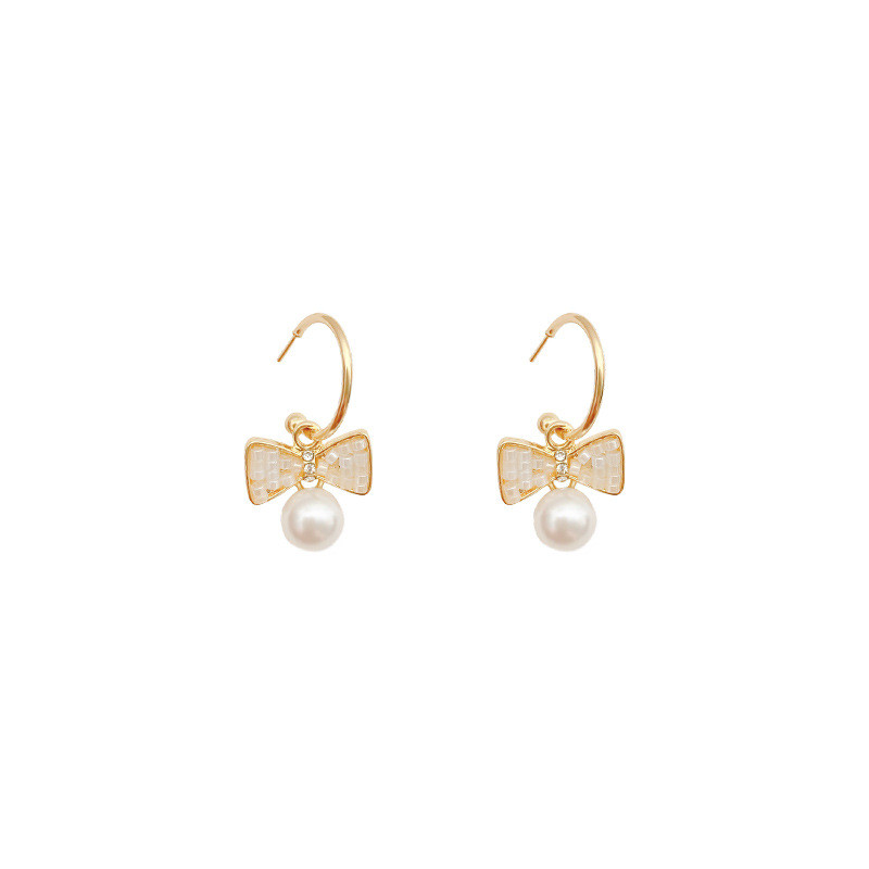 Korean High End Fashion Charm Harmonie Zircon Circle Imitation Pearl Bow Earrings Female Jewelry Wholesale Rhinestone Earing