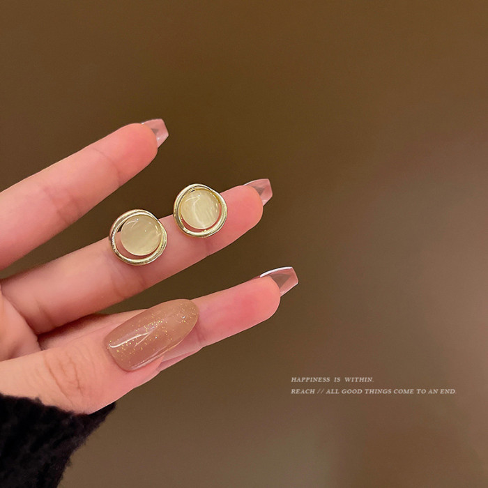 Round Opal Simple Stud Earrings Temperamental Fairy Small and Versatile Ear Studs Female Jewelry Girl Gift