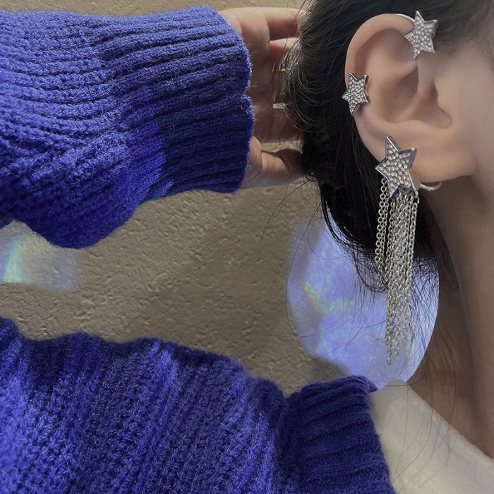 New Ear Cuff Clip Chain Earring for Women Star Tassel Clip on Earrings Fashion Korea Silver Color Jewelry Earcuff