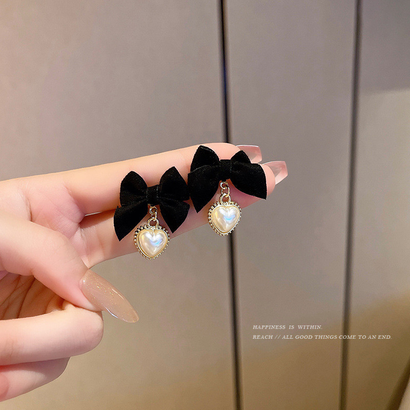 Vintage Black Bow Metal Heart Earrings for Women Love Pearl Crystal Earring