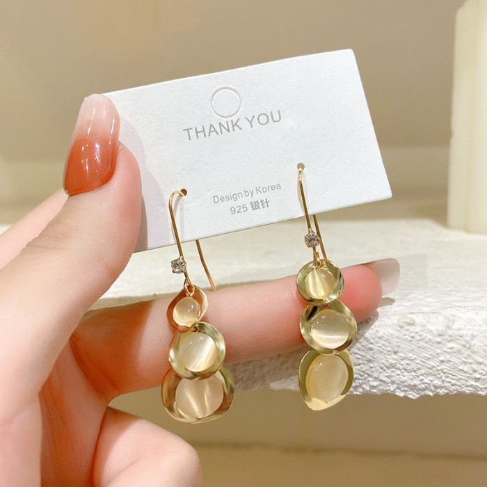 Vintage Gold Color Round Metal Opal Tassel Earrings For Women Fashion Party Crystal Jewelry
