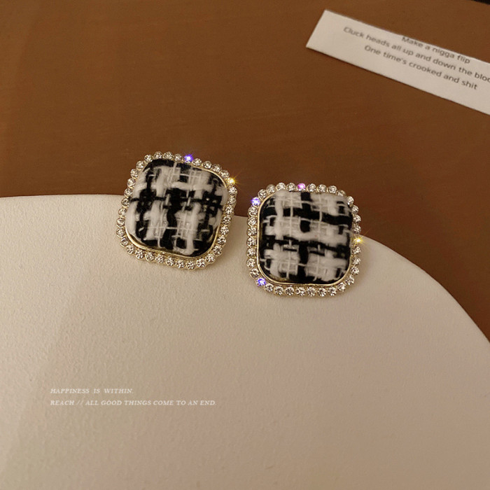 Elegant Plaid Fabric Round Square Geometric Earrings for Women Girls Cloth Jewelry Accessories Gift
