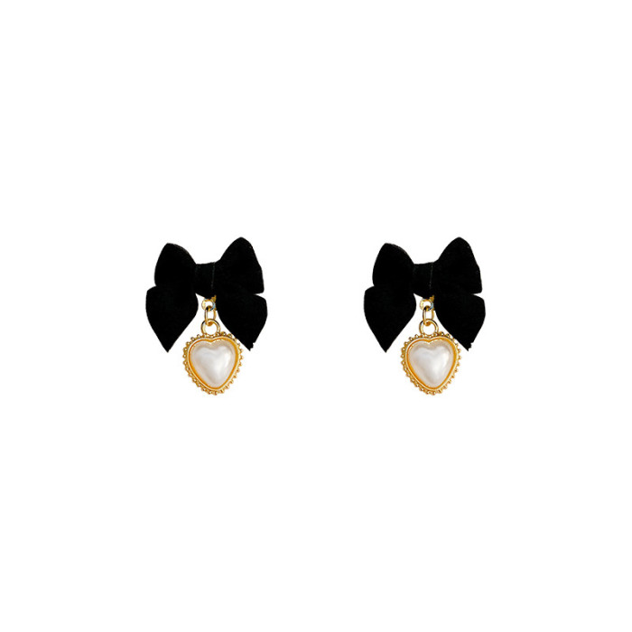 Vintage Black Bow Metal Heart Earrings for Women Love Pearl Crystal Earring