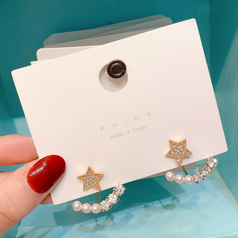 Korean Style Shining Star Pearl Earrings for Women Elegant Double Sided Crystal Stud Earrings Woman Exquisite Party Jewelry