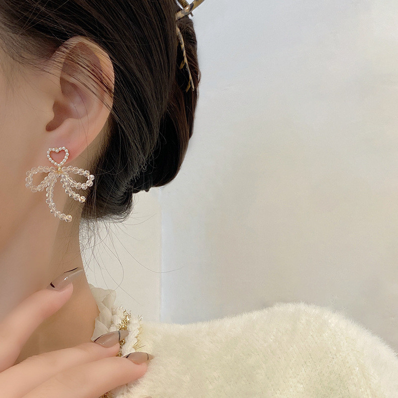 New Elegant Bow Earrings Rhinestone Pearl Stud Earring Sweet for Women Ear Cuff Jewelry