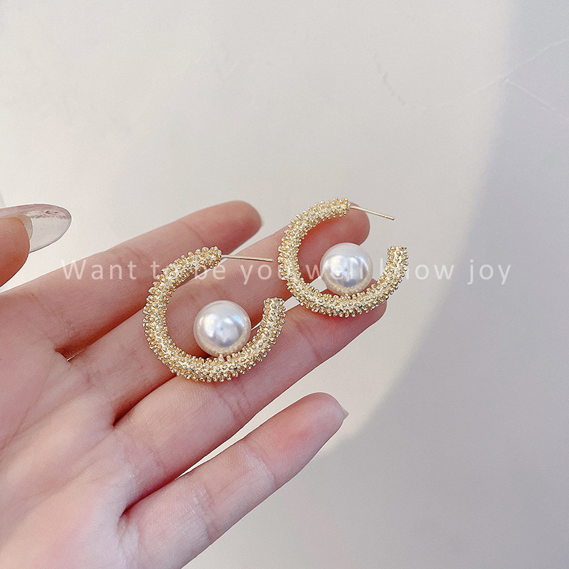 Korean Double Circle Exquisite Zircon Earrings For Women Vintage Simple Imitation Pearl C Shaped Geometric Earring Jewelry Gift