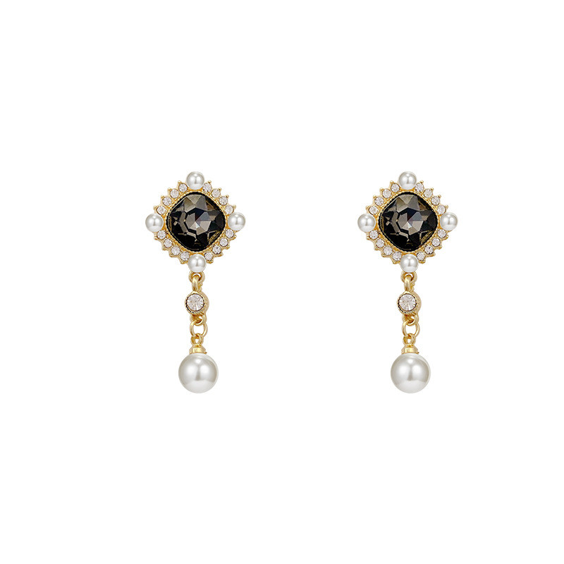 Vintage Dangle Earrings for Women Fashion Black Rhombus Zircon Female Trendy Pearl Drop Earrings Elegant Eardrop
