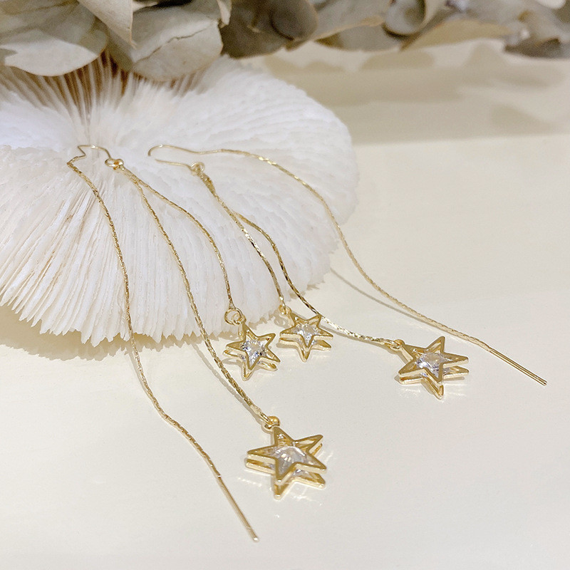 100% 18K Gold Star Tassel Earrings Line Women Fashion Jewelry Rose Gold Hollow Out Stars Pendant Earrings Birthday Gift