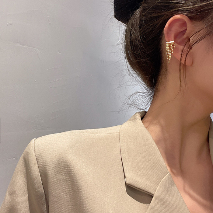 Silver Color Ear Clip Round Beads Tassel Earrings for Women Ear Cuff Earring Fashion Jewelry Gifts