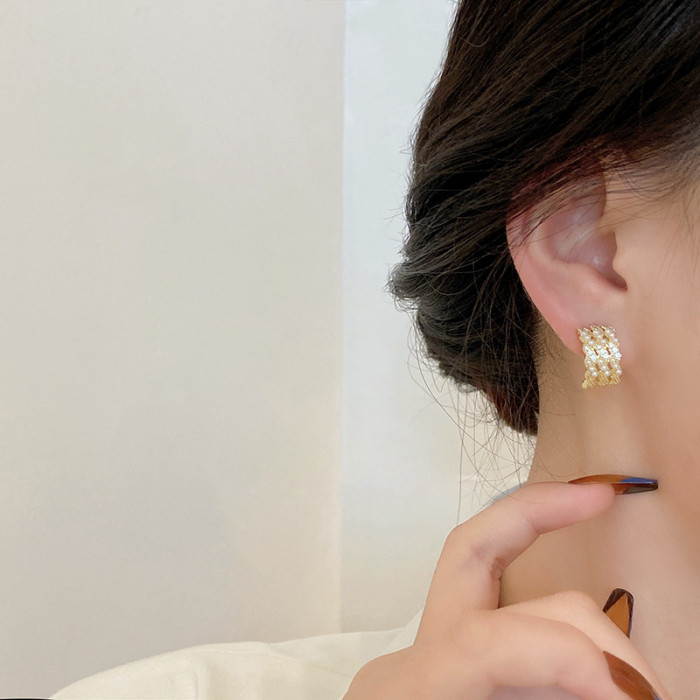 South Korea C Shape Pearl Zircon Female Earrings 2022 Luxury Jewelry Wholesale