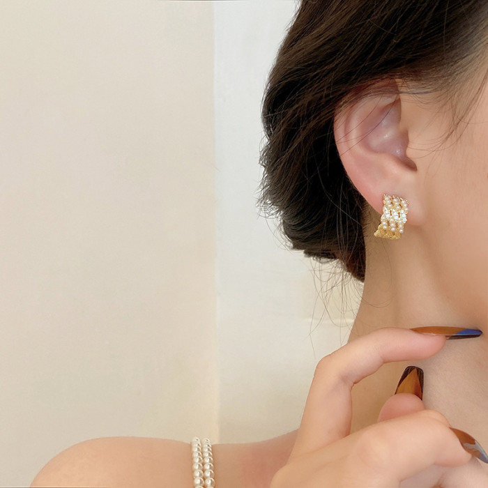South Korea C Shape Pearl Zircon Female Earrings 2022 Luxury Jewelry Wholesale