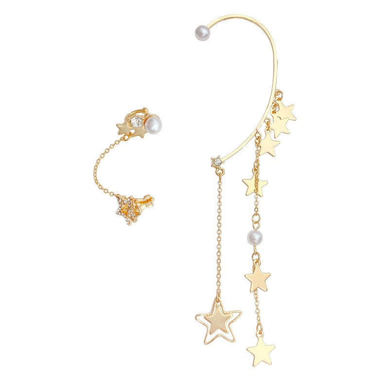 Korean Version of The Luxury Asymmetrical Hexagon Star Earrings Personality Super Fairy Long Tassel Ear Bone Clip Earrings