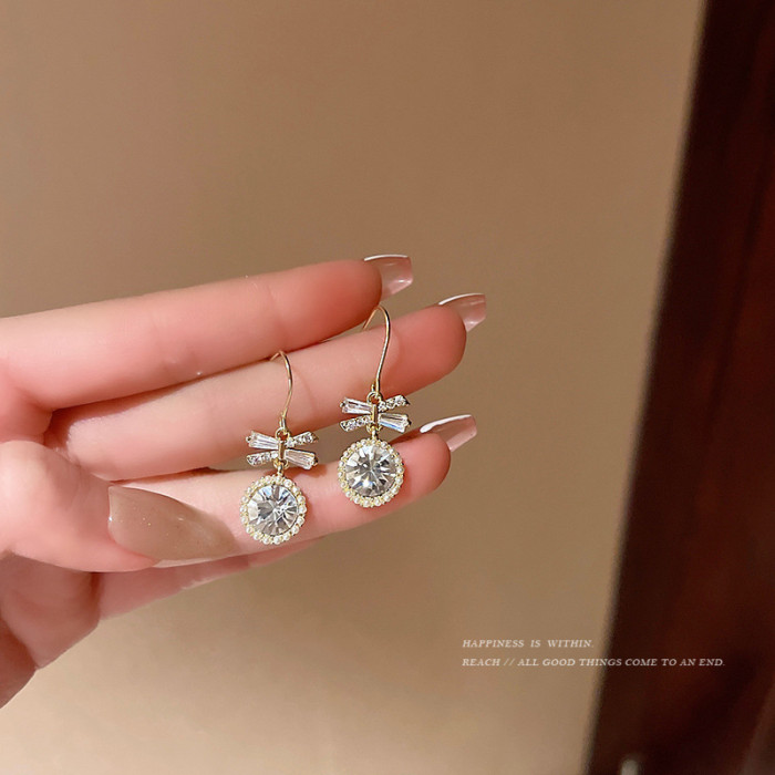 Simple Fashion Gold Color Bow Earrings Charm Round Inlaid with White Zircon Crystal Drop Earrings Women Wedding Jewelry
