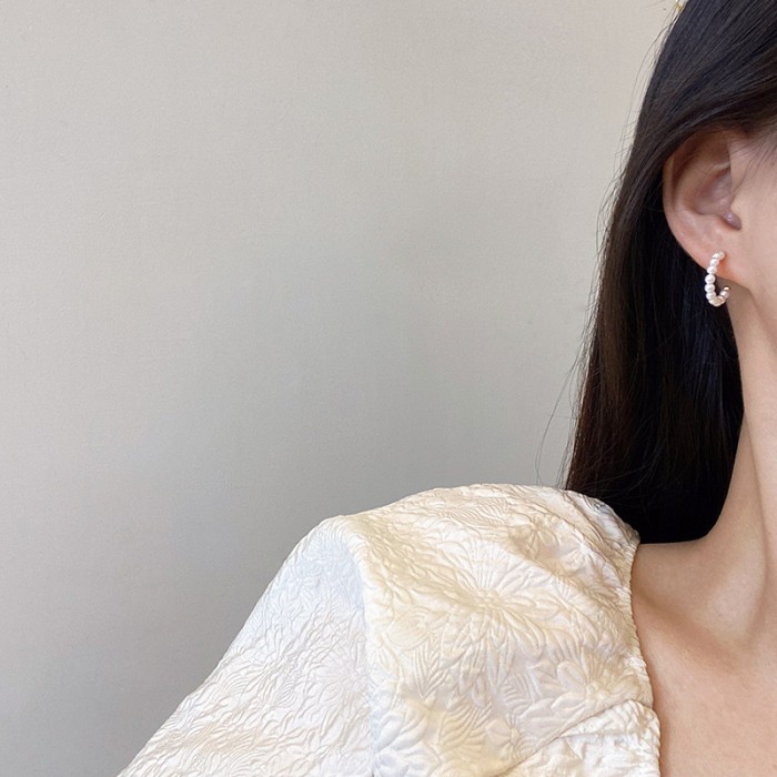 C Shape Mini Pearl Circle Hoop Earrings for Women Simple Statement Stainless Steel Heart Steel Bead Earring Set