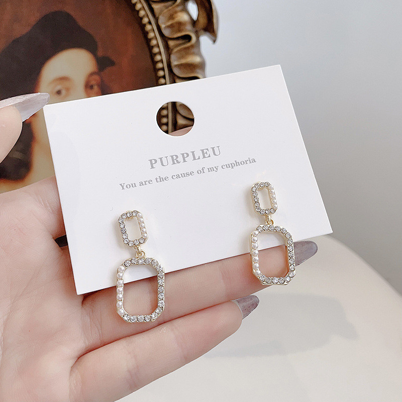 Shiny Crystal Earrings for Wedding Party Women Fashion Jewelry Double Squares Vintage Hollow Drop Earrings