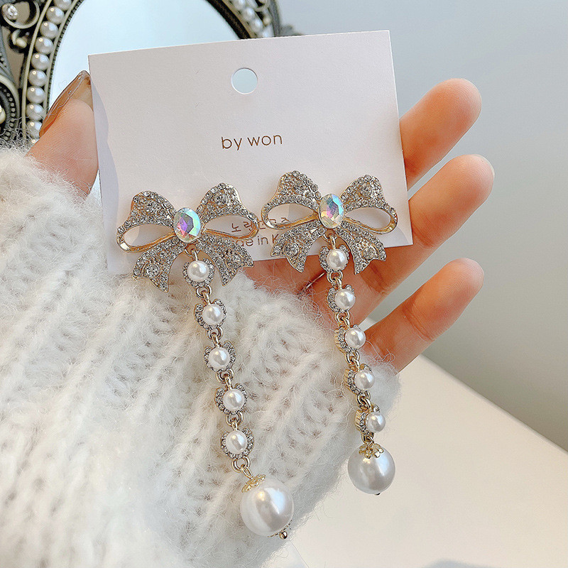Luxury Elegant Bow Pearl Tassel Long Earrings Party Girls' Luxury Jewelry Korean Fashion Accessories Drop Earrings For Woman
