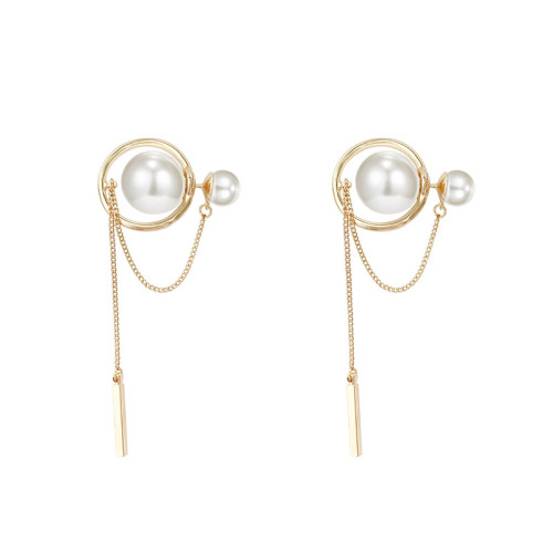 Golden Round Pearl Pendant Drop Dangle Double Sided Earrings Sweet Long Tassel Statement Jewelry For Women