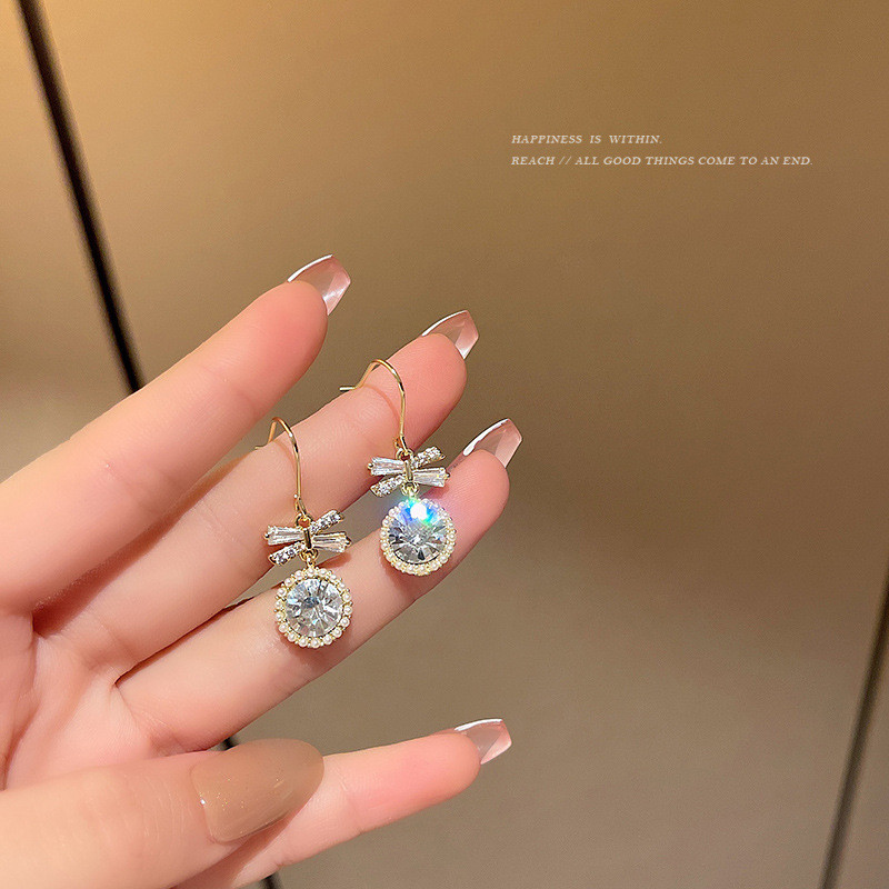 Simple Fashion Gold Color Bow Earrings Charm Round Inlaid with White Zircon Crystal Drop Earrings Women Wedding Jewelry