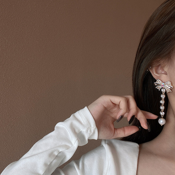 Luxury Elegant Bow Pearl Tassel Long Earrings Party Girls' Luxury Jewelry Korean Fashion Accessories Drop Earrings For Woman