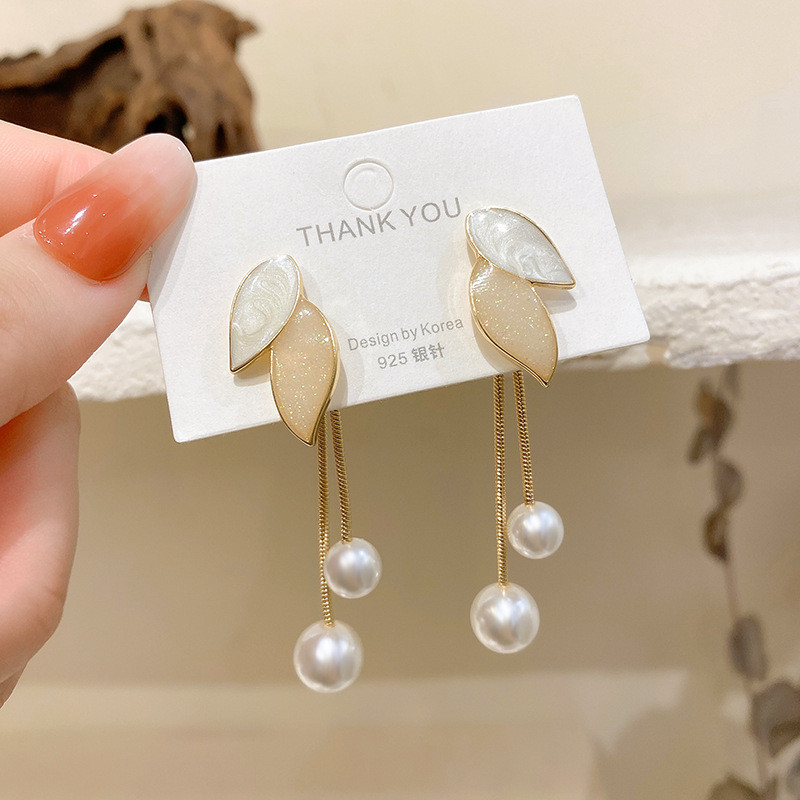 New Enamel Long Tassel Drop Earring for Women Girls Luxury Leaf Earrings Imitation Pearl Bowknot Jewelry Gifts
