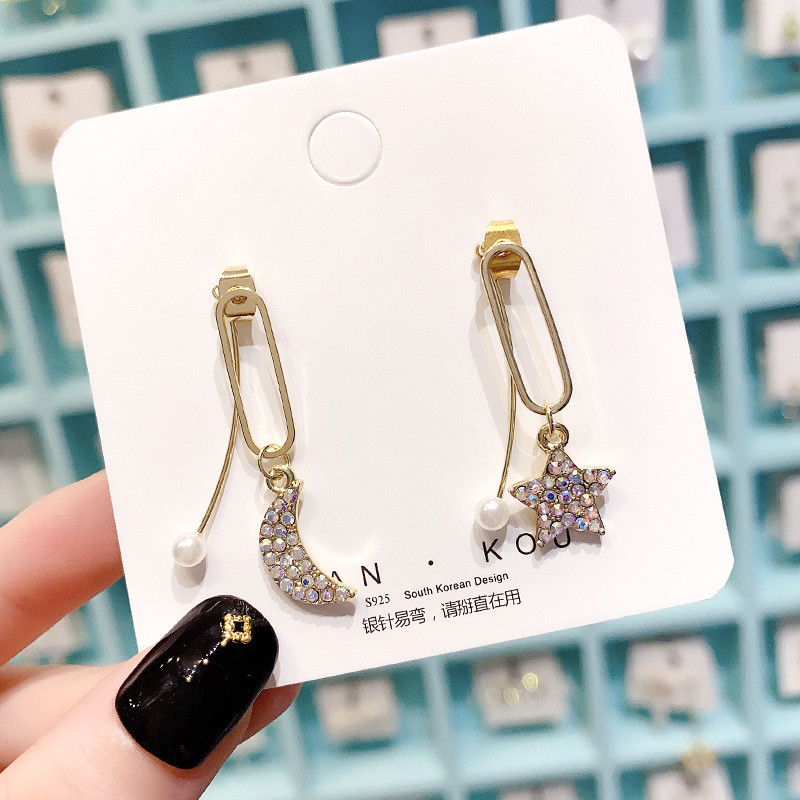 Fashion Korean Elegant Rhinestone Star Moon Drop Earrings for Women Back Hanging Party Jewelry Gifts