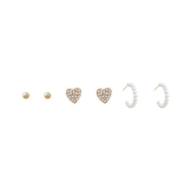 C Shape Mini Pearl Circle Hoop Earrings for Women Simple Statement Stainless Steel Heart Steel Bead Earring Set