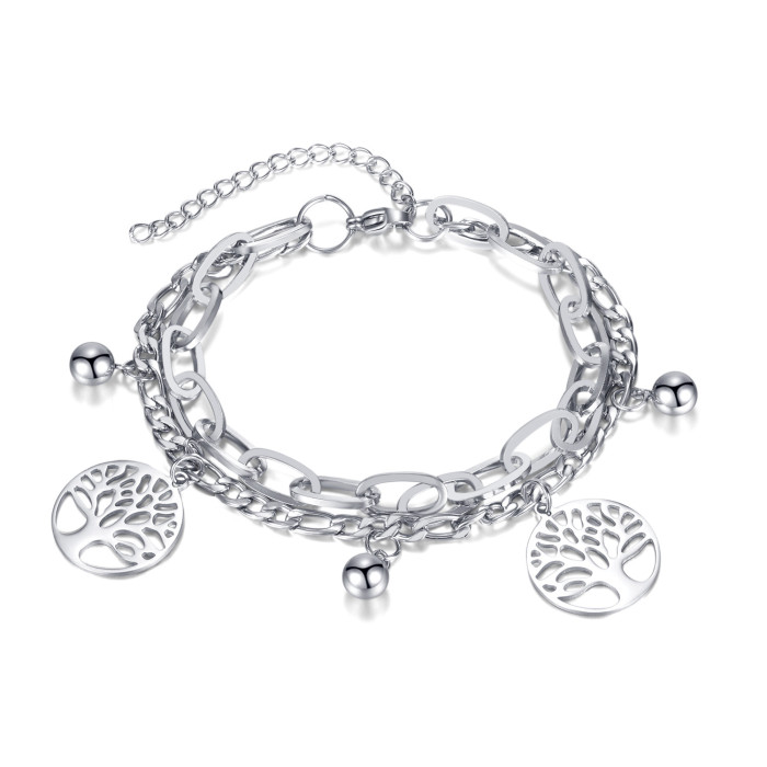 Ornament Wholesale Fashion Multi-Layer Stainless Steel Bracelet  Round Beads Lucky Life Tree Women's Bracelet